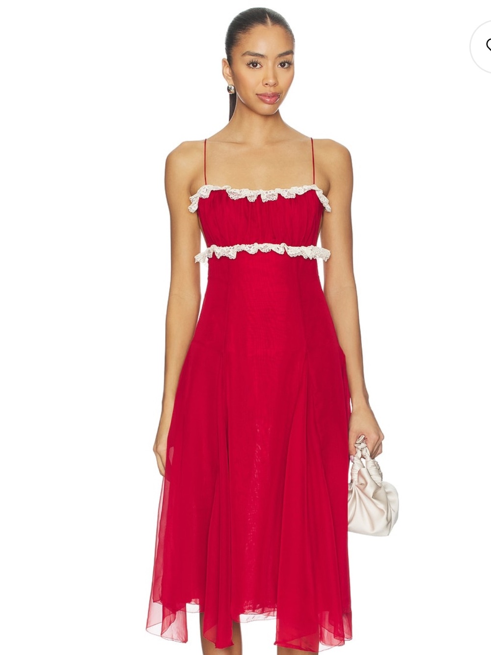 For Love And Lemons Charlotte Midi Red Dress with Cream Lace Trim - Picture 7 of 10